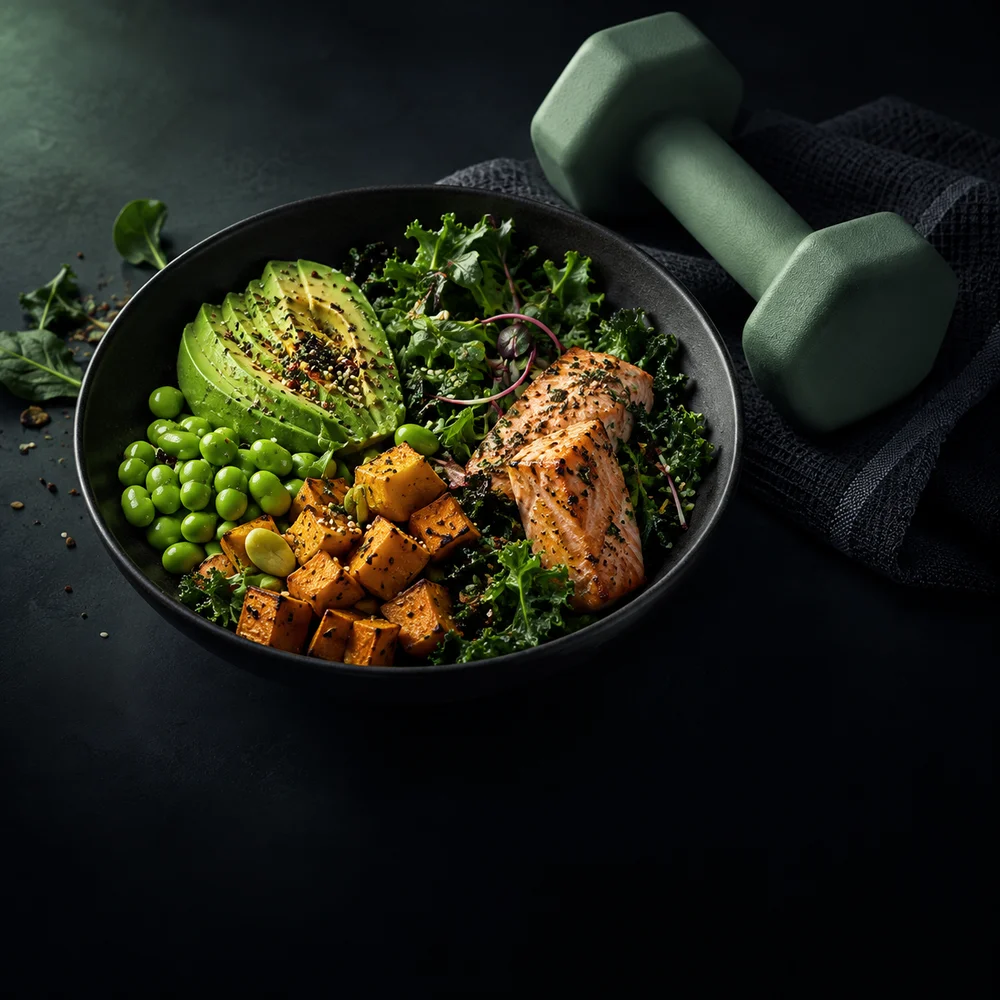 Salmon, avocado and vegetable bowl alongside a dumbbell, from CaloRep’s onboarding artwork